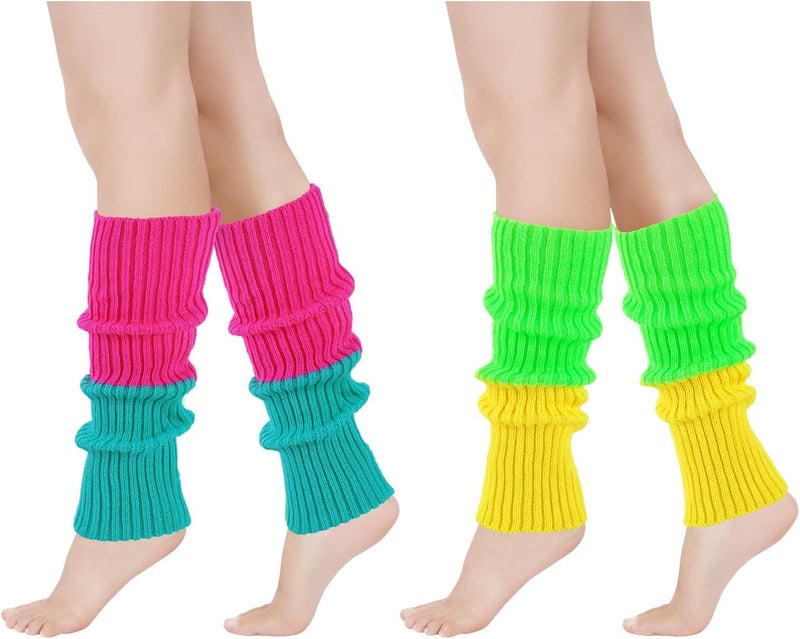 Junely 2 Pairs Leg Warmers for Women 80s Ribbed Knit Leg Warmer Pack for Ballet Dance Figure Skating Yoga Party Neon - Image 1